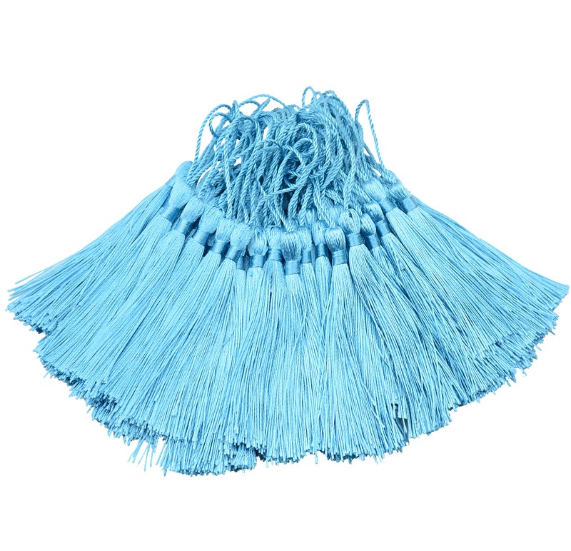 Makhry 100pcs 13cm/5 Inch Silky Floss Bookmark Tassels with 2-Inch Cord Loop and Small Chinese Knot for Jewelry Making, Souvenir, Bookmarks, DIY Craft Accessory (Blue) - Image 1